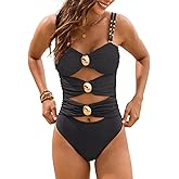 Fanuerg Women's One Piece Swimsuit Sexy Cutout Color Block Bathing Suit Golden O Ring Linked Swimwear