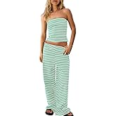 Fnortc Womens Striped Two Piece Outfit Strapless Tube Top Wide Leg Pants Matching Set Summer Beach Vacation Lounge Wear