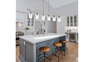 BONLICHT 6 Light Contemporary Chandeliers Brushed Nickel Modern Dining Room Light Fixtures Hanging Farmhouse Linear Pendant Lighting Kitchen Island Flush Mount Ceiling Light with Clear Hammered Glass