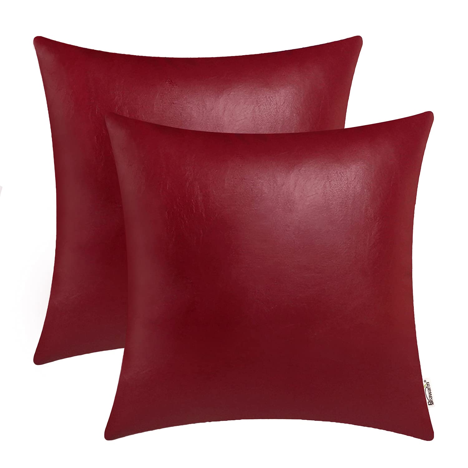 BRAWARM Decorative Throw Pillow Covers, Faux Leather Throw Pillow Cushion Covers, Solid Faux Leather Couch Cases for Living Room Garden Bed, Deep Red, 45cm x 45cm, Pack of 2