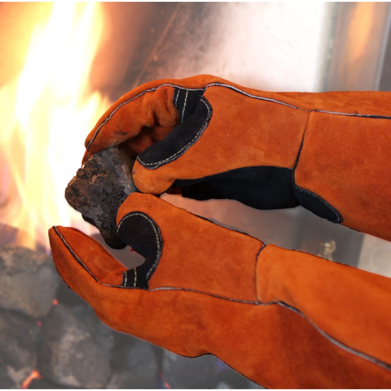 IDEAL Pro Heat and Fire Resistant Gloves Large 14", for BBQ, Ovens, Grill, Fireplace, Stove, Welding etc. Cowhide Leather with Kevlar Stitching and Cotton Lining. for Men and Women