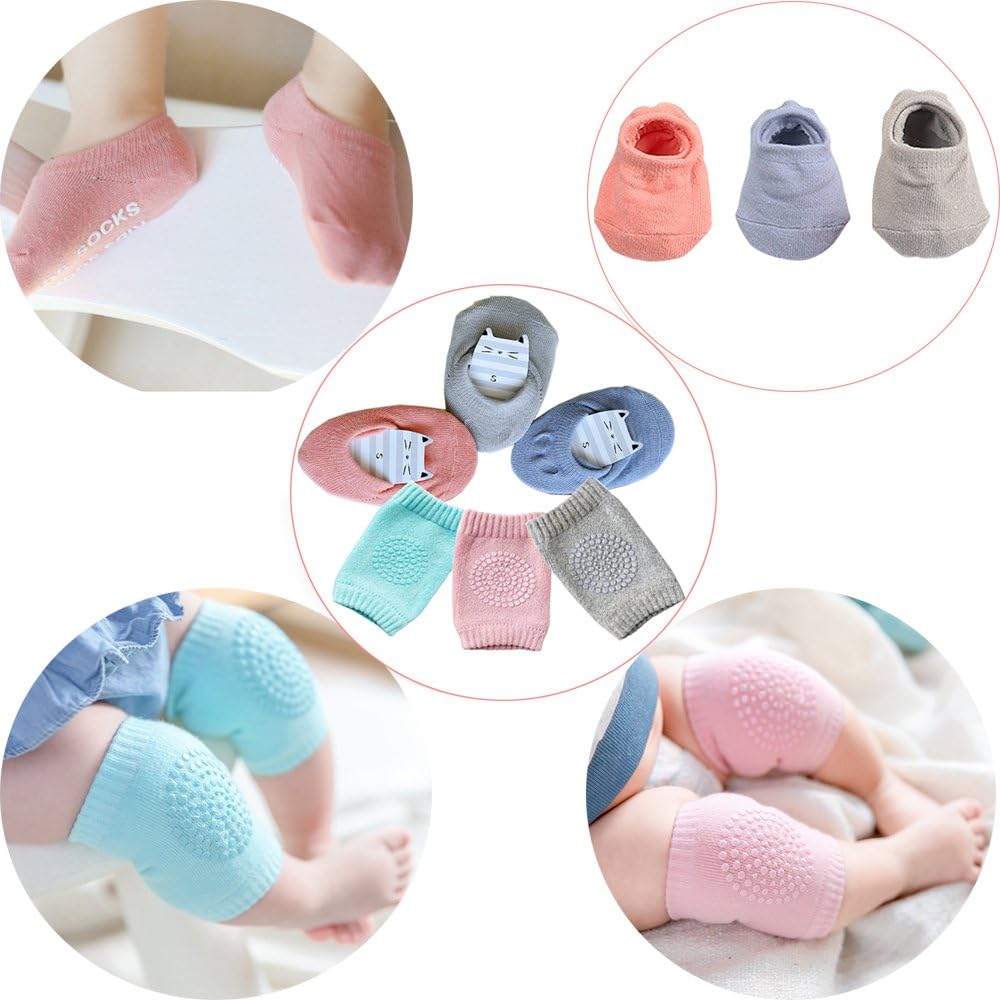 Kneepads and socks Baby Crawling Anti-Slip Knee Pads and Anti Slip Baby Socks Best Infant Gift,Unisex Baby Toddlers Kneepads 3 Pairs Soft Cotton Boys Girls Grip Crawling Socks 3 Pairs