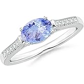 Angara Natural Tanzanite Ring for Women | East-West Oval Tanzanite Solitaire Ring with Diamonds in 14K Solid Gold/Platinum | December Birthday, Anniversary, Gemstone Jewellery Gift