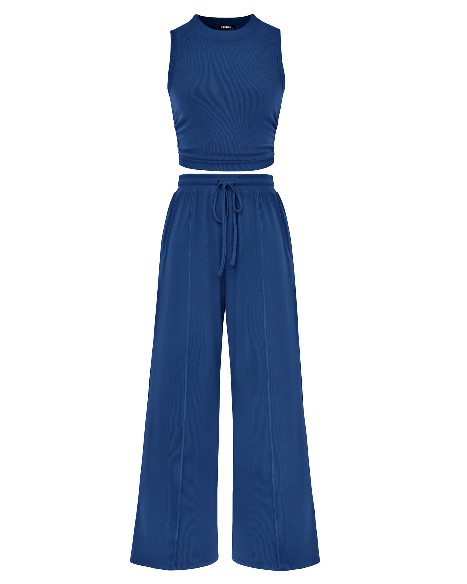 Photo 1 of BTFBM Women Summer 2 Piece Outfits 2025 Beach Crew Neck Sleeveless Cropped Top Elastic Waist Wide Leg Pants Lounge Set(Dark Blue, X-Large)