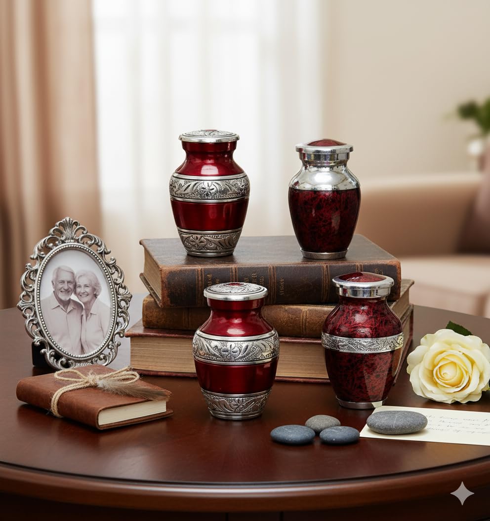 eSplanade Metal Mini Cremation Urn Keepsake Memorial Jar Pot Container - Set of 4 | Small Urns for Funeral Ashes Burial | Engraved and Textured Keepsakes | Red - 3" Inches