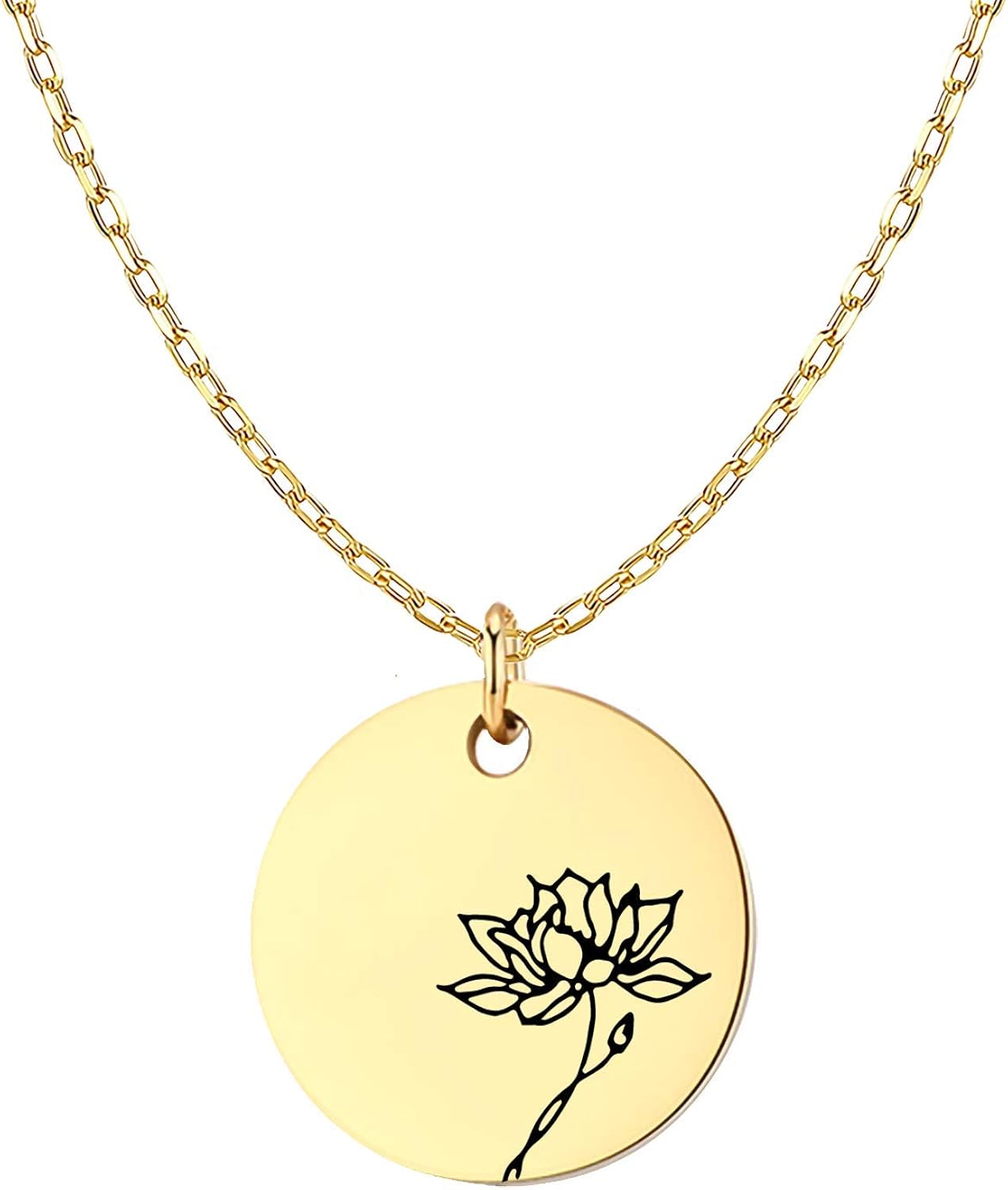 Birth Month Flower Necklace, 18K Gold Plated Dainty Flower Coin Floral