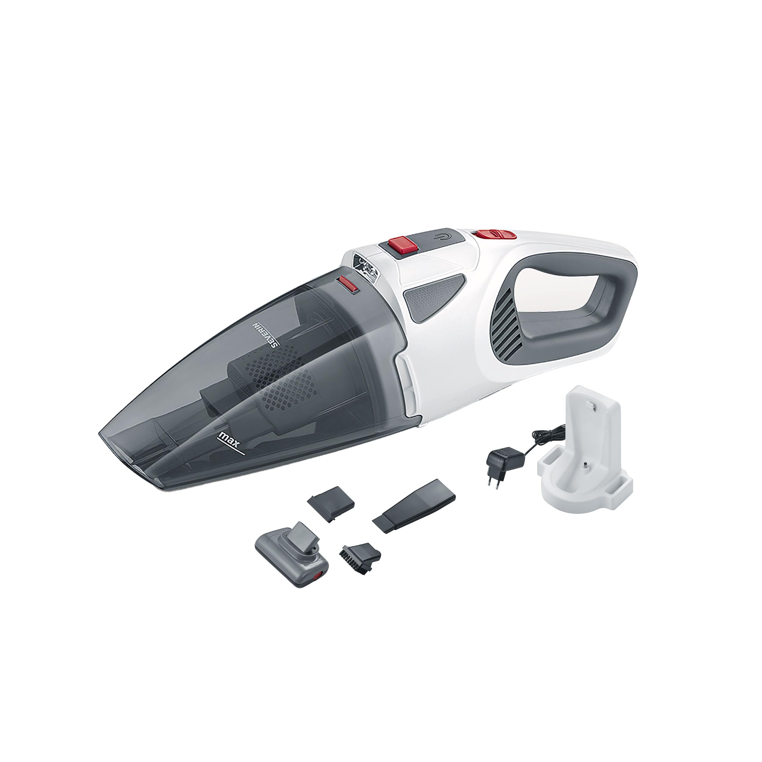 Severin 4-in-1 Akku-Handstaubsauger, kabelloser Nass- & Trockensauger für Autositze, Handsauger für Tierhaare & Flüssigkeiten, bis zu 30 Min Laufzeit im Eco-Mode, weiß-graurot, HV 7146