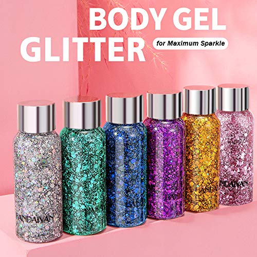 Holographic Body Glitter Gel Set, 6 Bottles Total 180ml Cosmetic Chunky Glitter Flakes Gel, Sparkles for Festival Party Face Makeup, Hair, Eye and Lips Shimmer (6 Colors)