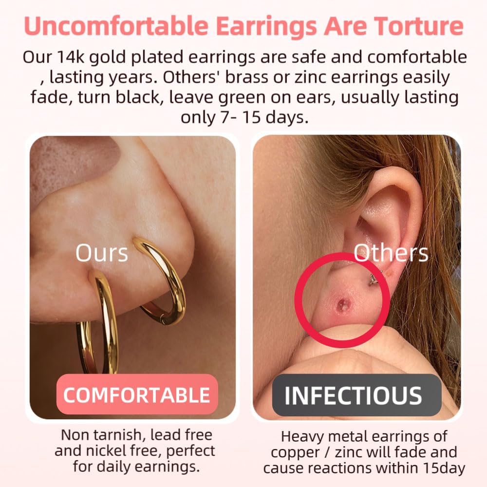 FriBasics 5 Pairs 14K Gold Plated Huggie Hoop Earrings for Women - Lightweight Minimalist Small Hoops, Hypoallergenic Nickel-free Lead-free, Non-Tarnish Everyday Jewelry for Sensitive Ears, Multiple Piercing Stack Set