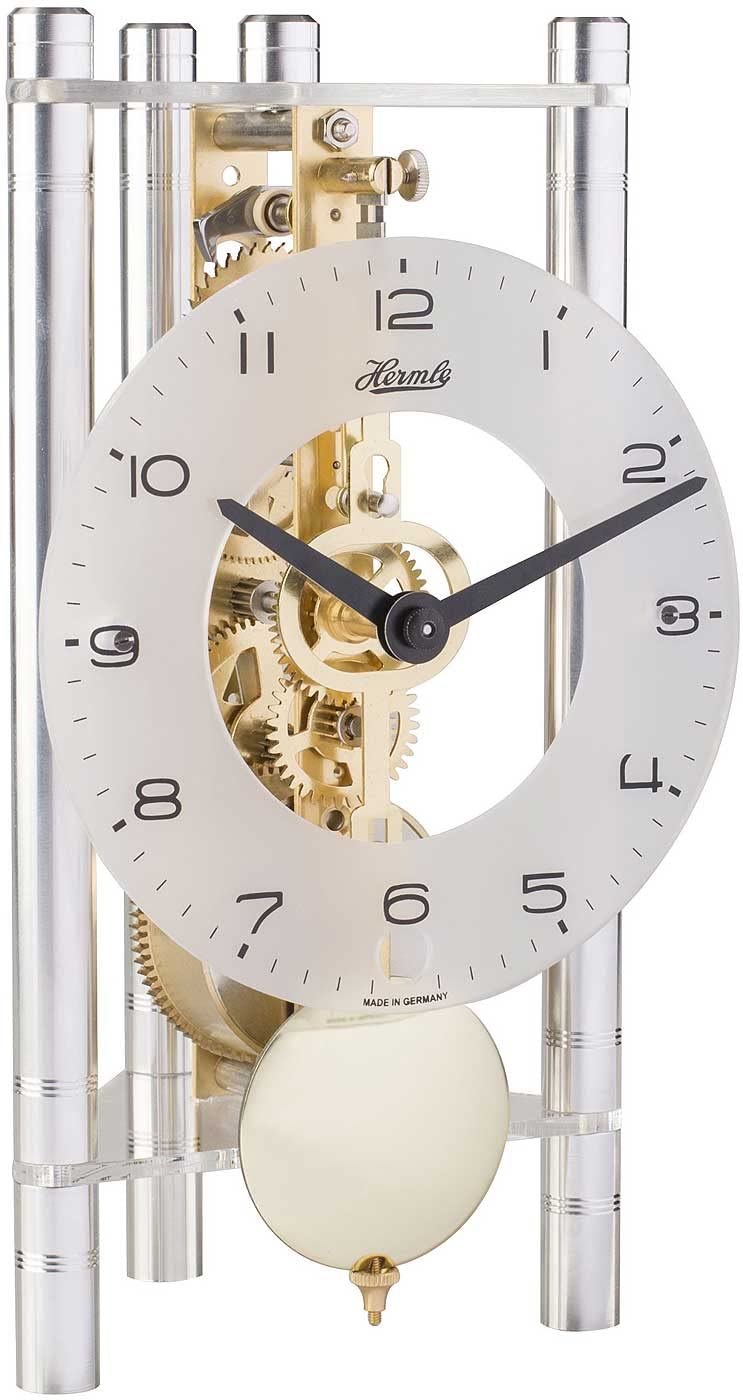Hermle Skeleton Table Clock with Anodised Aluminium Columns - Triangle 23022-X40721, Arabic Dial Glass, Silver, Brass Movement, 19.5 cm x 11 cm x 9 cm