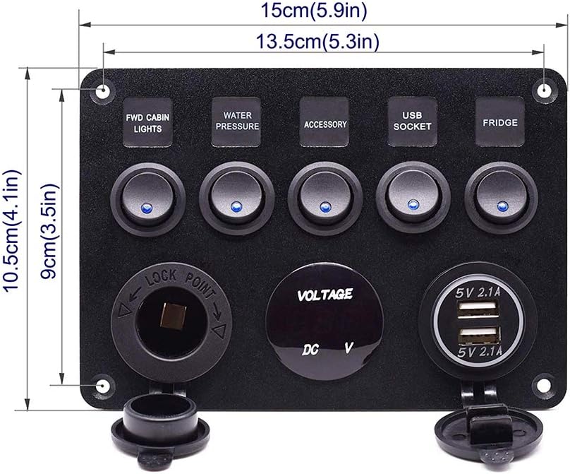 Meipire 5 Gang Switch Panel ON-Off Toggle Switch Panel Dual USB Socket Charger LED Voltmeter 12V Power Outletfor 12V~24V Vehicles Car Boat SUV Truck Yacht RV Camper Construction Vehicle (Blue): Industrial & Scientific