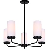 Canarm Malloy 5-Light Rod Chandelier, Matte Black Finish with Flat Opal Glass Shades, Contemporary Adjustable Ceiling Light f