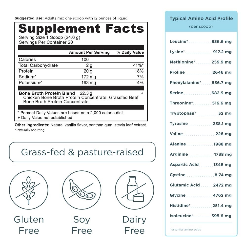 Ancient Nutrition Grass Fed, Cage Free, Bone Broth Protein Powder, 20g Protein, Hydrolyzed Collagen Peptides, Keto & Paleo Friendly, Supports Joint, Gut Health, Vanilla, 20 Servings