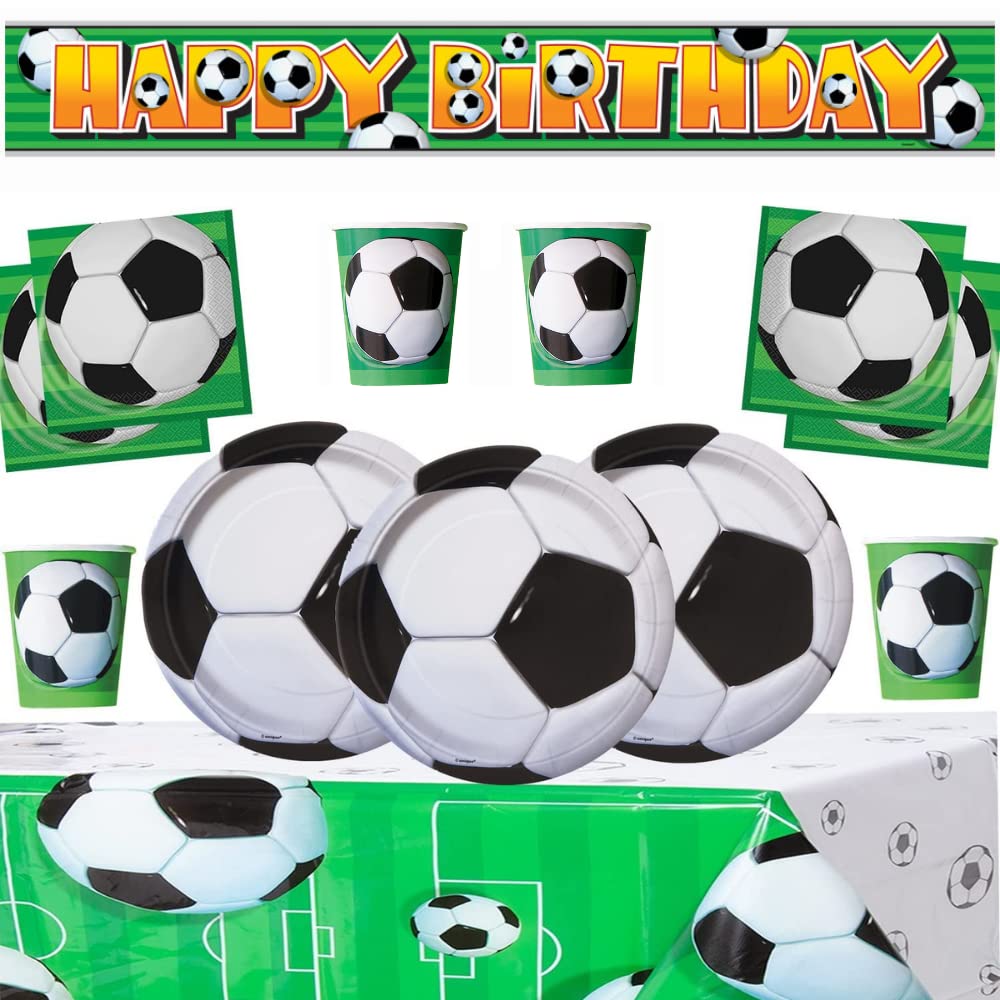 Football prty set for 16 people includes plates, cups, napkins, table cover and football banner