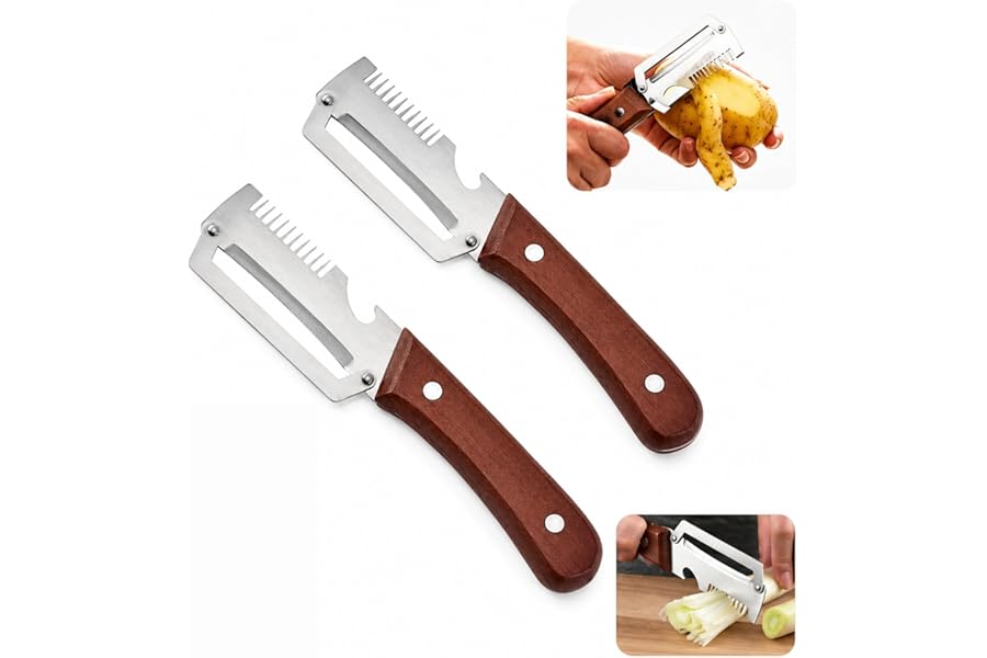 2 Packs Premium Vegetable Peeler with Wooden Handle and Bottle Opener, Multi-Functional Kitchen Gadgets Tool for Fruit Pumpkin Potato Carrot Veggie