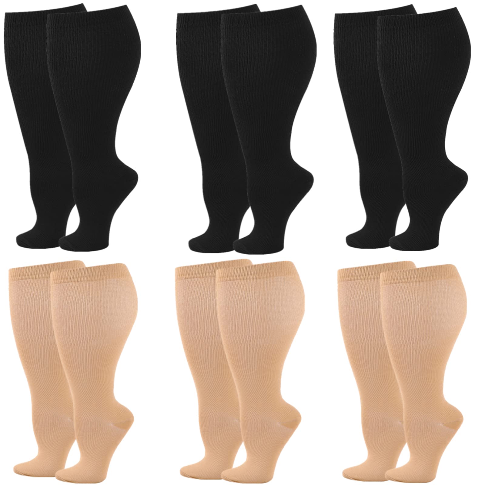 Wide Calf Compression Socks for Women Men, 6 Pairs Plus Size Extra Large Size Support Socks Stockings Reduces Swelling & Pain for Nurses Running Pregnant Travel Flight 20-25 mmHg
