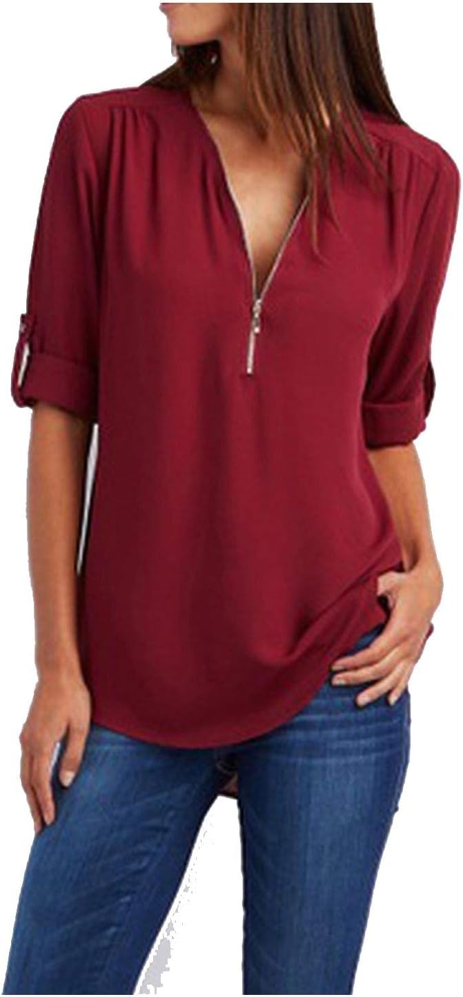 Zipper Short Sleeve Women Shirts Sexy V Neck Solid Womens Tops Blouses Casual Tee Shirts Tops Female Clothes Plus Size