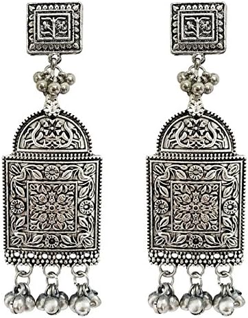 Mehrunnisa Oxidised Long Square Earrings With Ghungroo (JWL2366)