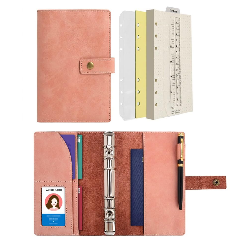 WONDERPOOL Leather Diary Refillable Notebook Spiral Journal Binder Portfolio - Dot Grid Paper & Inner Pockets for Travel Work and Personal Organizer (Pink, A6)