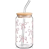Hoolerry Valentines Bow Glass Cup, 16 oz Pink Bow Cup with Lid and Straw, Vintage Coquette Aesthetic Drinking Jar for Girls Women Valentines Birthday Party Favors