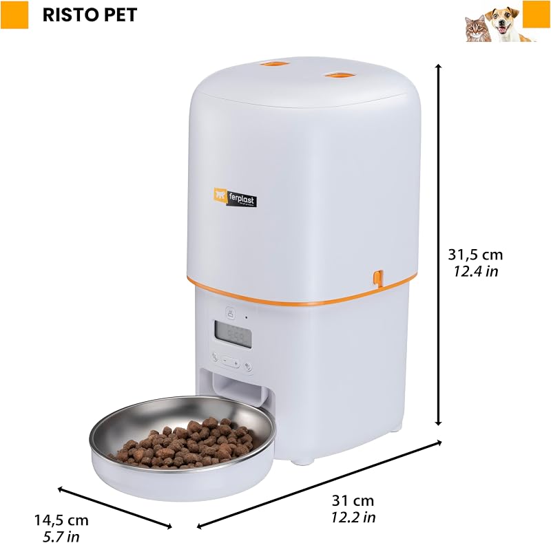 Risto Pet Dispensador Automático de Comida para Perros y Gatos, Programable, 4 L de Capacidad, Doble Potencia, 6 Comidas al Día, Pantalla Retroiluminada, Comedero de Acero Inoxidable