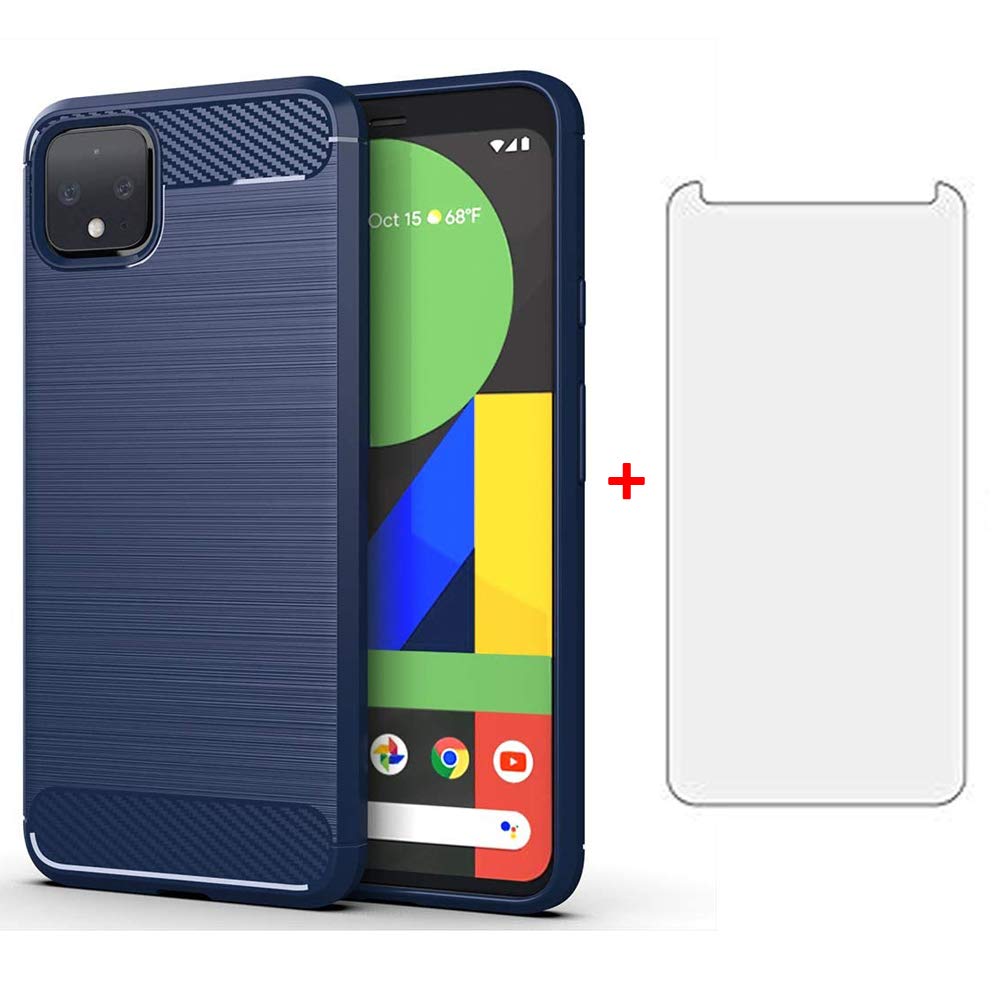 Phone Case for Google Pixel 4 and Tempered Glass Screen Protector with Accessories Shockproof Silicone Rugged Full Body Mobile Silicon Film Thin Soft Slim Carbon Fiber Pixel4 Four Girls Men Blue