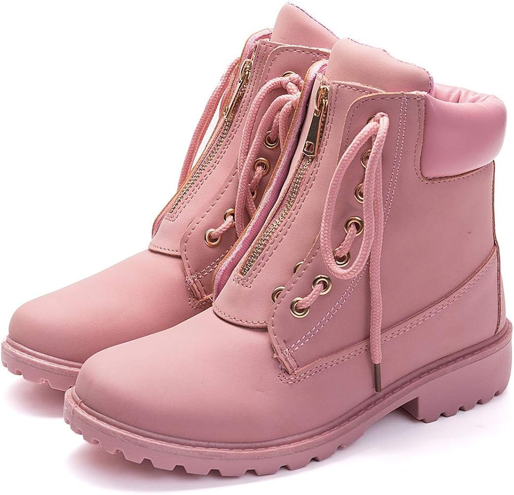  | DADAWEN Women's Round Toe Waterproof Ankle Bootie Lace Up Low Heel Work Combat Boots | Ankle & Bootie