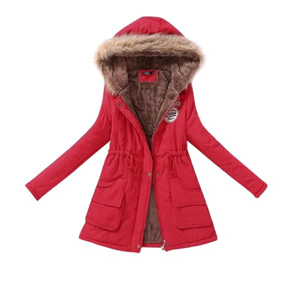 red coat with fluffy hood