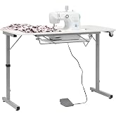 Rollaway II Compact Portable Folding Sewing Table, Silver/White | 40.5-Inch Wide Tabletop, Adjustable Platform Shelf, Folds Flat with Wheels, No Assembly Required, Silver and White Finish
