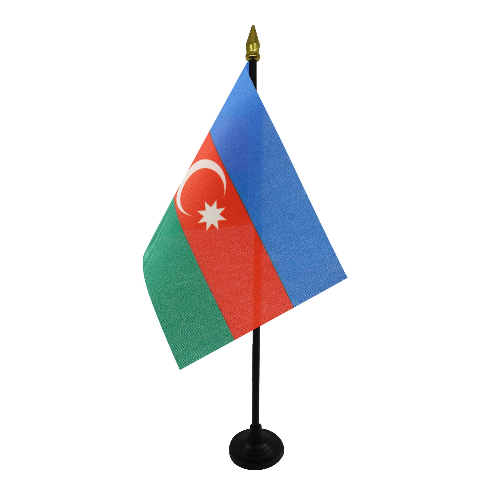 AZ FLAG - Azerbaijan Table Flag 4'' x 6'' - Azerbaijani Mini Desk Flag 100% Polyester 15 x 10 cm - Office Mini Banner with 10'' Pole - Golden Spear