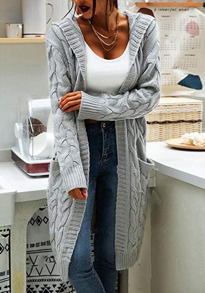 Women Hooded Open Front Cardigan Cable Knit Sweaters