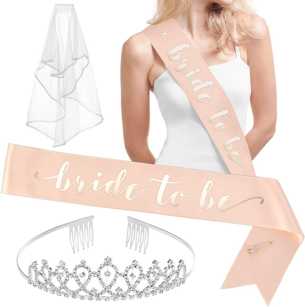 xo, Fetti Rose Gold Pink Bachelorette Party Decorations Kit - Bridal Shower Supplies | Bride to Be Sash, Rhinestone Tiara, Pre-Strung Banner, Veil + Bride Tribe Tattoos: Home & Kitchen