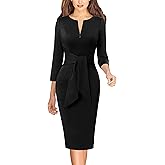 VFSHOW Womens Front Zipper Tie Waist Bow 3/4 Sleeve Slim Fitted Work Business Office Party Bodycon Pencil Sheath Dress