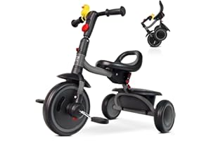 RIDYEE Toddler Tricycle for 18 Months to 5 Years, Foldable Tricycles for 3-5 Year Olds, Kids Tricycle with Adjustable Carry-Friendly Ergonomic Seat and Covered Large Basket, Grey