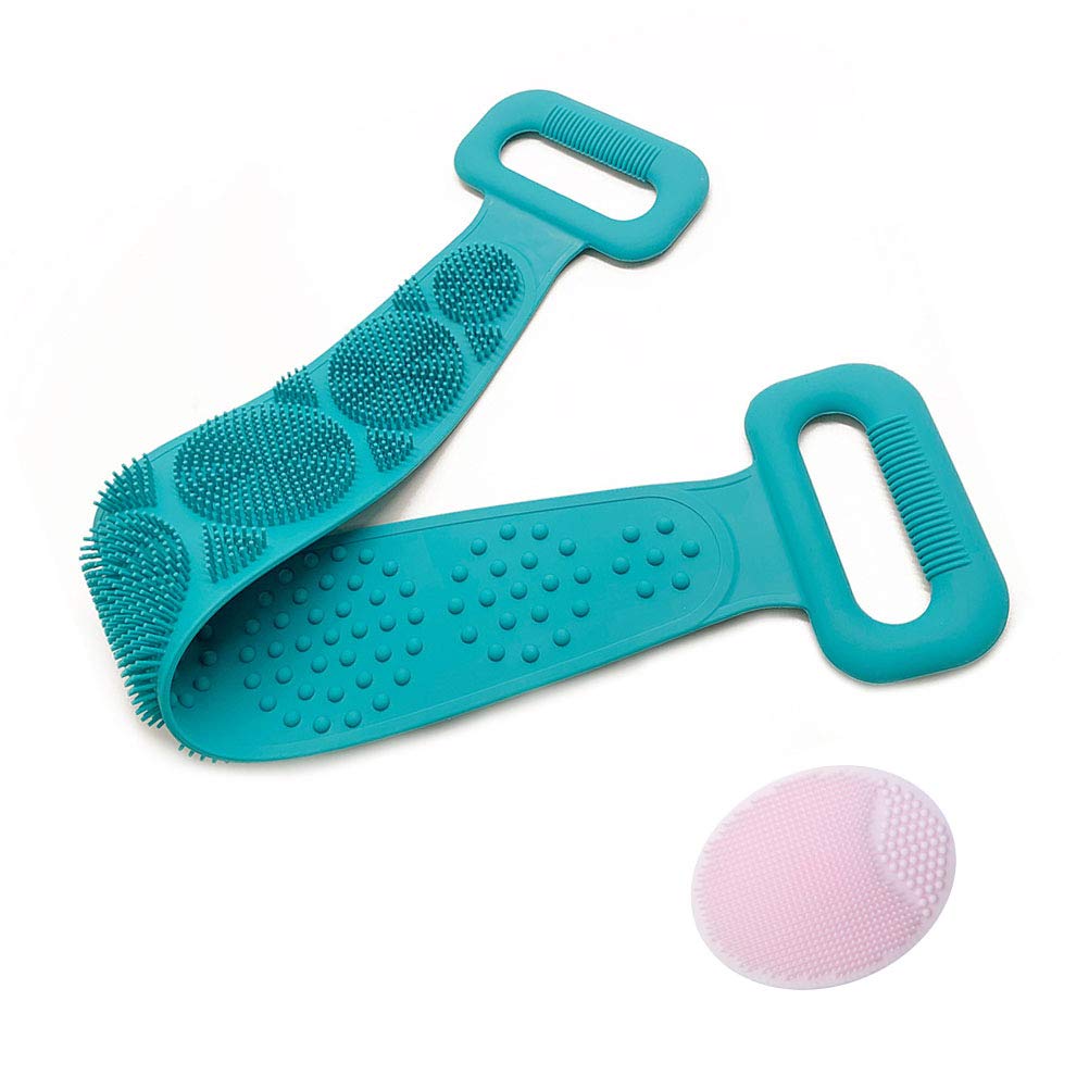Leikance Bath Towel Silicone Body Brush Belt Double Sided Shower Scrub Belt with Face Cleaning Brush 60 * 11cm