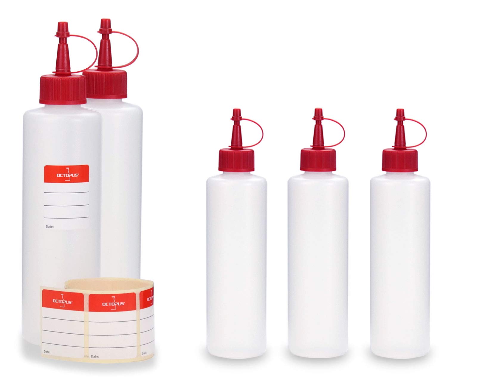 5 x 250 ml OCTOPUS HDPE Plastic Bottles with Red Spray Caps / Drip Caps with Label Labels