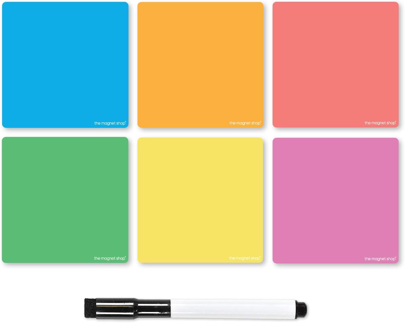 TMS Magnetic Sticky Notes, Neon Coloured Dry Wipe Reusable Labels and Dry Erase Marker Pen, Bright, 95mm x 95mm