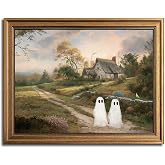 Wemandh Framed Halloween Decorations Fall Decor Wall Art, Rustic Landscape Wall Decor, Cute Ghost Decor Wall Art, Aesthetic Halloween Wall Decor (9.5''x12'')