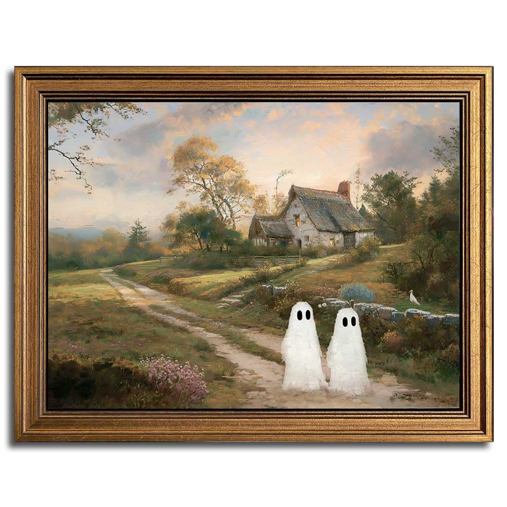 Photo 1 of Gold Framed Vintage Halloween Wall Art, Rustic Landscape Wall Decor, Cute Ghost Decor Wall Art, Aesthetic Halloween Wall Decor (9.5''x12'')