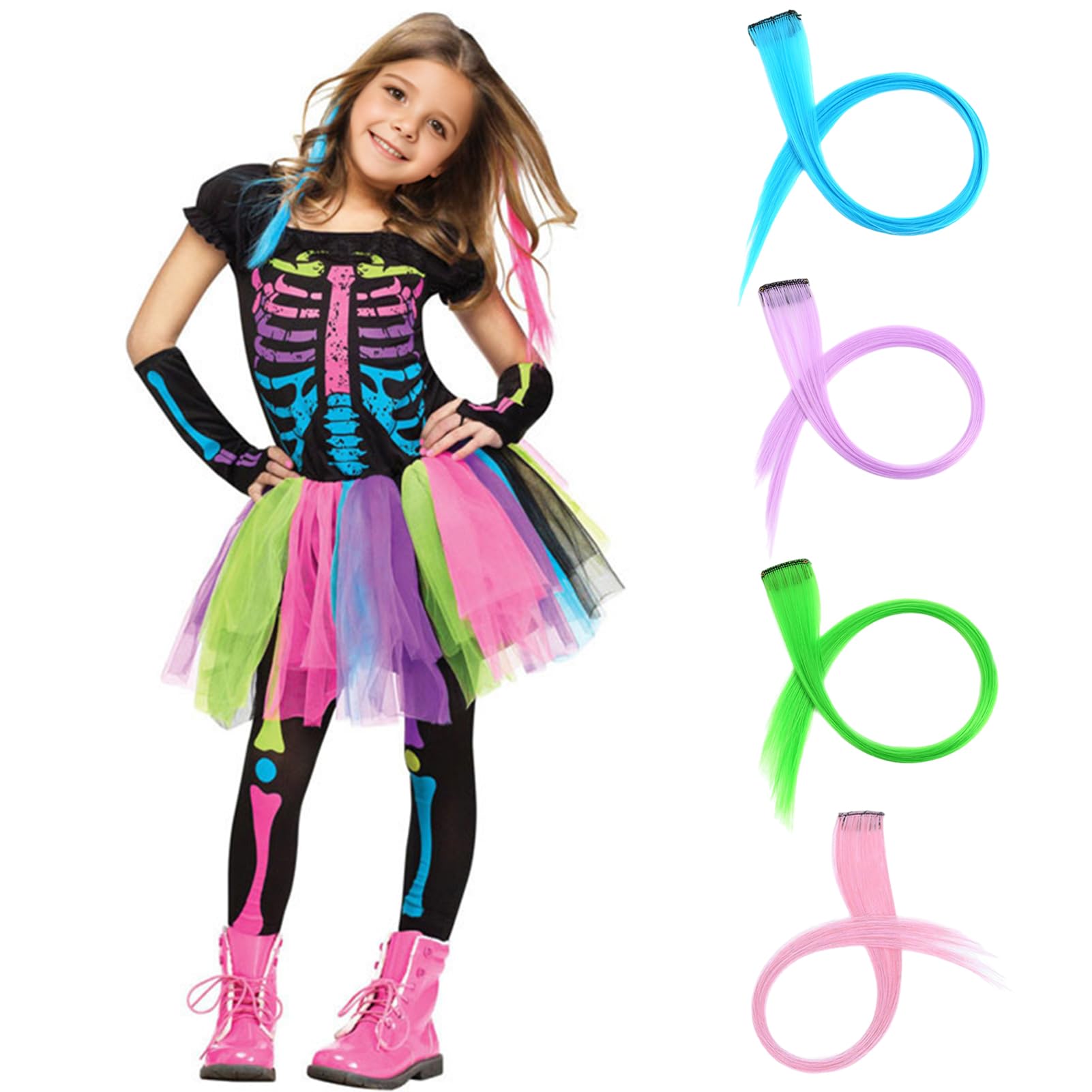 SERTAS Children's Rainbow Skeleton Skirt Set, Girls Skeleton Costume, Jumpsuit Dress for Halloween Carnival Party (L)