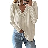 Saodimallsu Womens V Neck Sweater 2025 Fall Oversized Ribbed Knit Trendy Slit Casual Loose Fit Long Sleeve Pullover Top