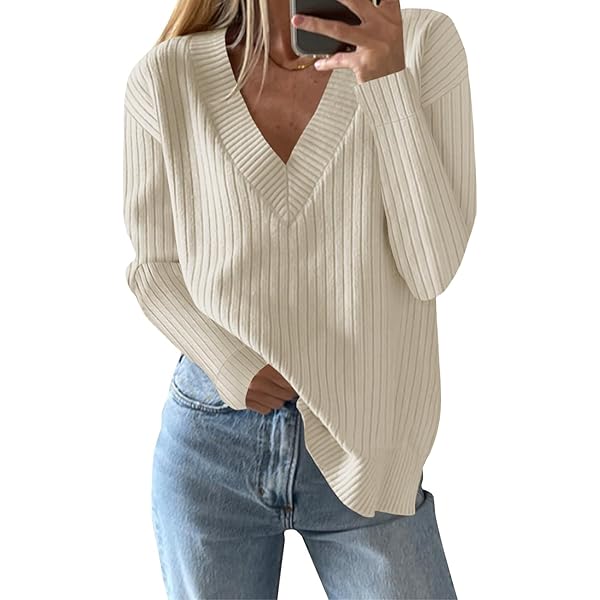 Yousify Women's V Neck Sweater - Casual Long Sleeve Knit Pullover For Fall