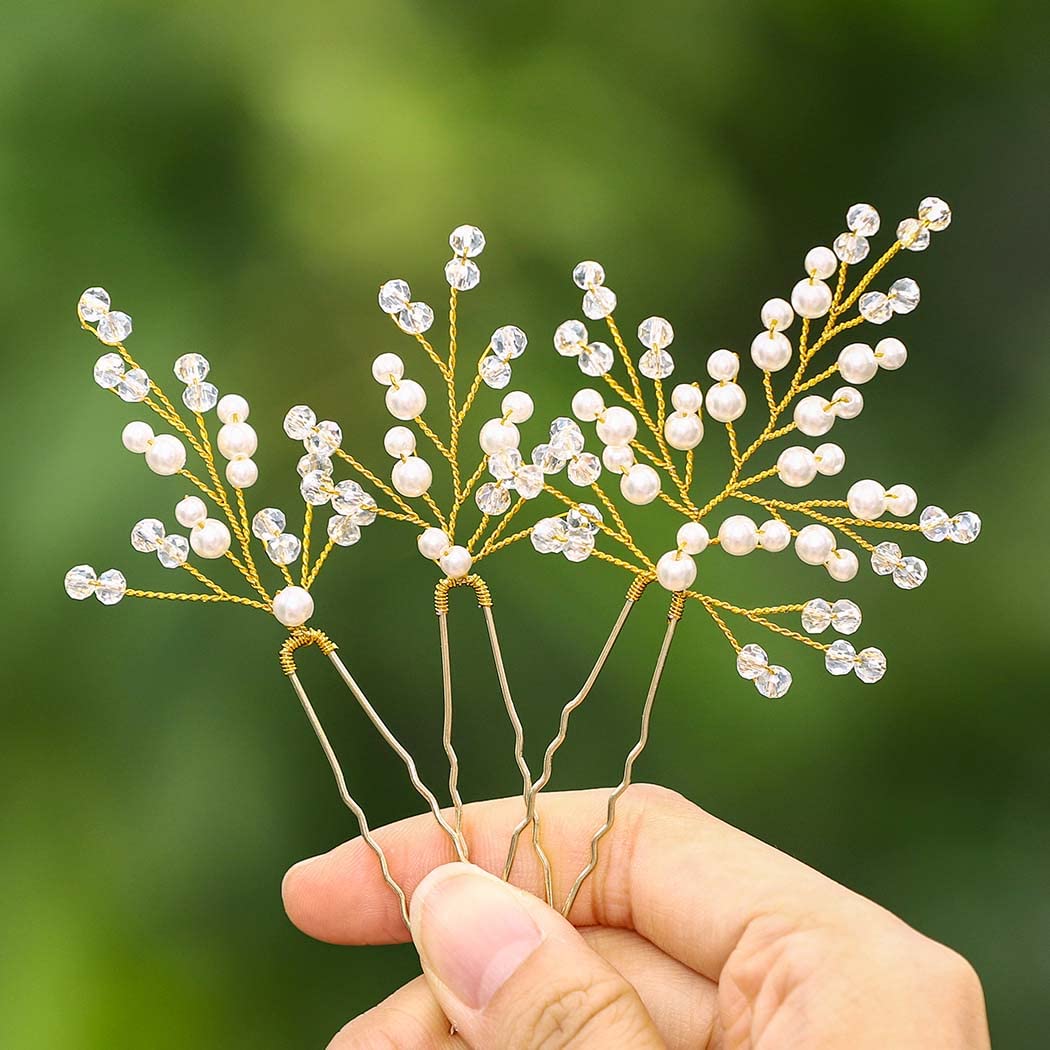 IYOU Bridal Wedding Hair Pins Crystal Gold Pearl Headpieces Rhinestone Prom Bride Hair Accessories for Women(Pack of 3)