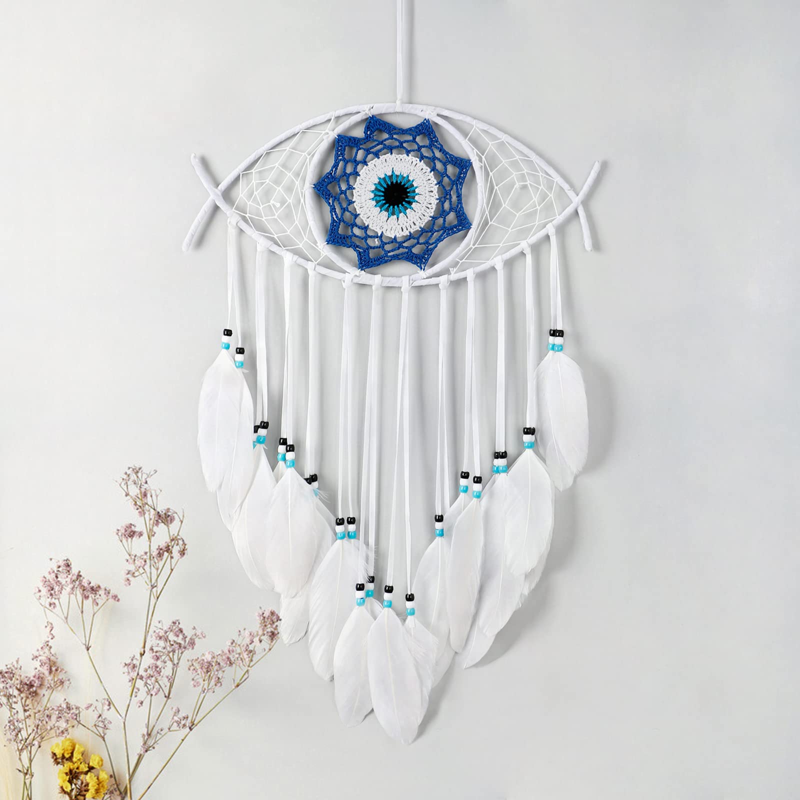 Dremisland Evil Eye Dream Catcher Hand-Woven White Macrame Dreamcatcher Evil Eye Wall Hanging Home Decoration Ornament Kids Blessing Gift