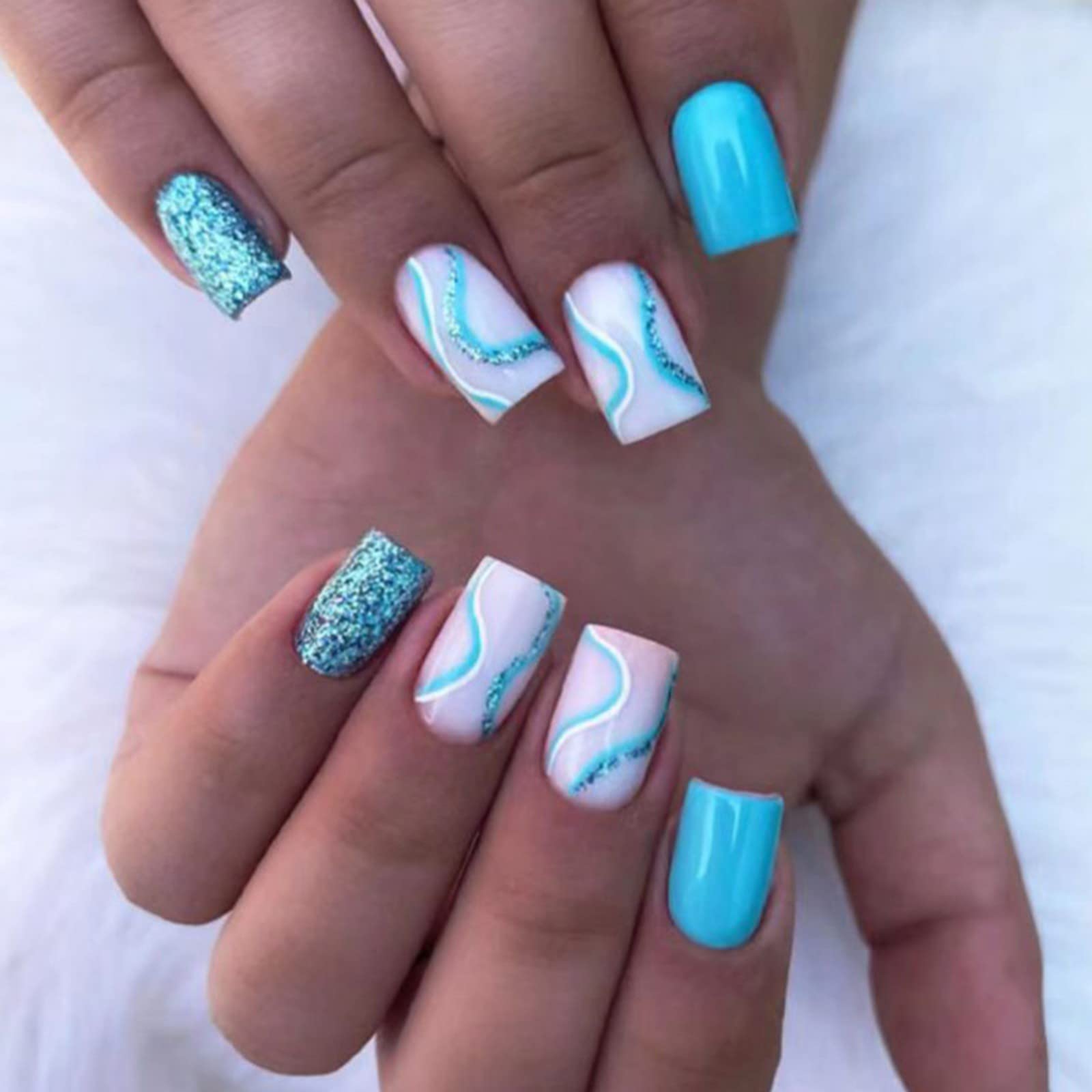 JUSTOTRY 24 Pcs Swirl Press on Nails Square Designs,Aqua Blue False Nails Short,Pretty Glitter Stick on Nails for Women,Glossy French Squoval Fake Nail Medium for Nail Art Gifts
