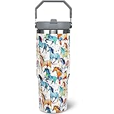 Jizrecly 30 oz Horse Tumbler With Handle and Straw, 30oz Flip Straw Tumbler Insulated Coffee Travel Mugs Cup Water Bottle Gifts for Horse Lovers Women Girls