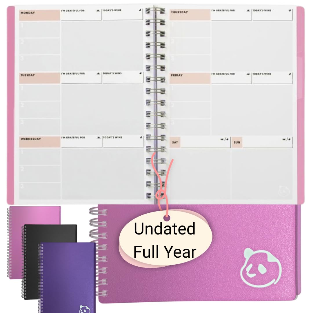 Panda Planner 2025-2026 Undated Weekly Planner, Weekly To Do List Notebook with Spiral Binding - 5.75” x 8.25”, 52 Weeks - Undated Planner with Habit Tracker Notebook for Home, School & Office (Pink)