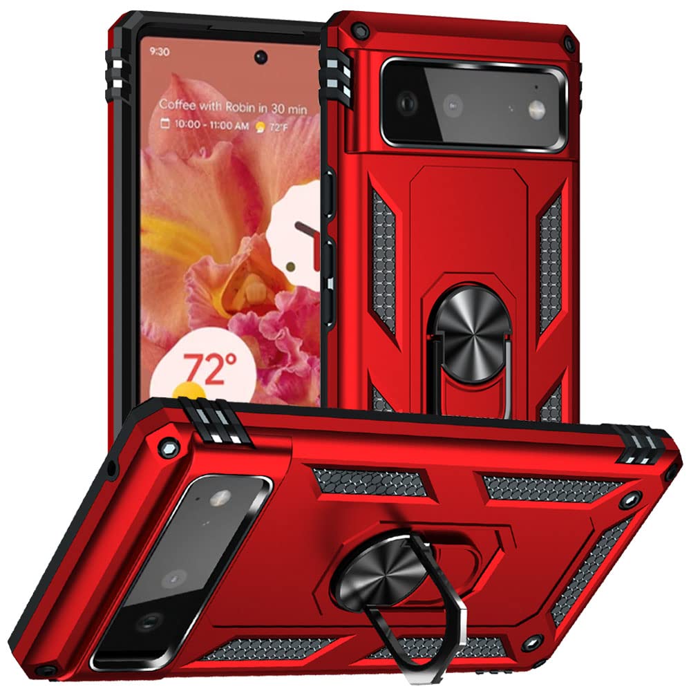 Yiakeng Pixel 6 Case, Google Pixel 6 Case, Silicone Shockproof Military Grade Protective Phone Cover with Ring Kickstand for Google Pixel 6 (Red)