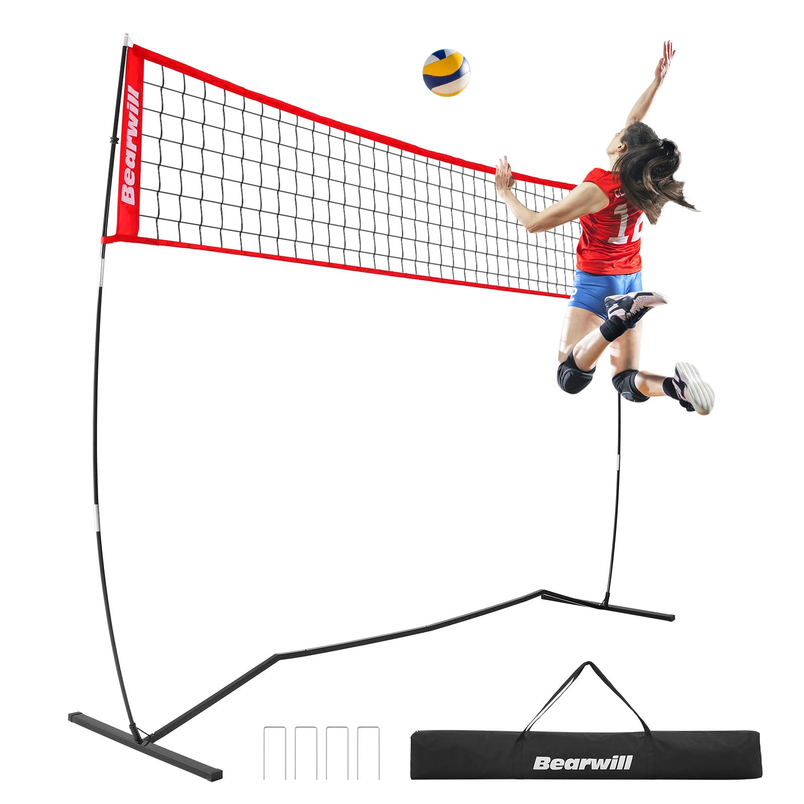 View 1 of Bearwill Volleyball Net, 12FT Freestanding Volleyball Net for Backyard, Height Adjustable Portable Volleyball Net with Carry Bag, Professional Volleyball Practice Training Set for Indoor and Outdoor