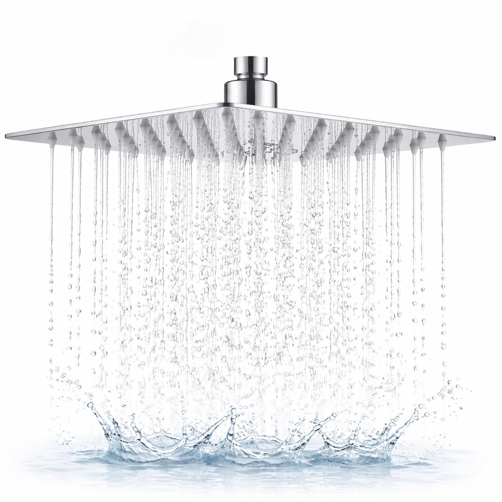 SIEYESCITY 8 Inch Stainless Steel Rainfall Shower Head, High Pressure Fixed Rain Shower Head, Square Overhead Waterfall Showerhead with Universal G1/2 Fitting - Chrome Silver